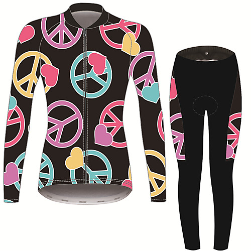 

21Grams Peace Sign Women's Long Sleeve Cycling Jersey with Tights - Black / Red Bike Clothing Suit Thermal Warm Anatomic Design Ultraviolet Resistant Sports Winter Fleece Terylene Polyester Taffeta