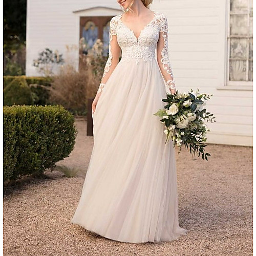 

A-Line Wedding Dresses V Neck Floor Length Lace Tulle Long Sleeve Beach Boho See-Through Backless Illusion Sleeve with Lace 2021