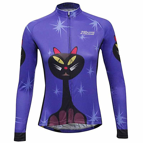 

21Grams Cat Animal Women's Long Sleeve Cycling Jersey - Black / Blue Bike Jersey Top Thermal Warm UV Resistant Anatomic Design Sports Winter 100% Polyester Mountain Bike MTB Road Bike Cycling