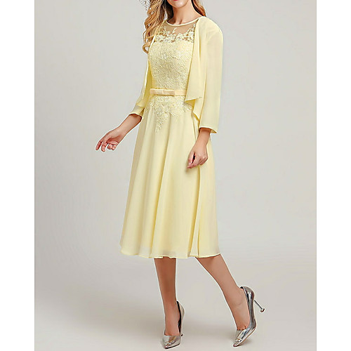 

Two Piece A-Line Mother of the Bride Dress Wrap Included Jewel Neck Tea Length Chiffon 3/4 Length Sleeve with Sash / Ribbon Appliques 2021