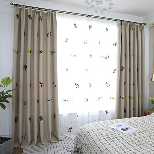 

Two Panel Children's Room Cute Cartoon Style Small Animal Thick Imitation Hemp Embroidery High Blackout Curtain