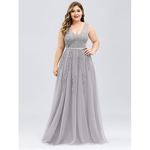 

A-Line Plus Size Prom Dress V Neck Sleeveless Floor Length Tulle with Beading Appliques 2021