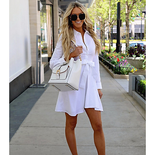 

Women's Sheath Dress Short Mini Dress White Long Sleeve Solid Colored Shirt Collar Basic Hot S M L XL