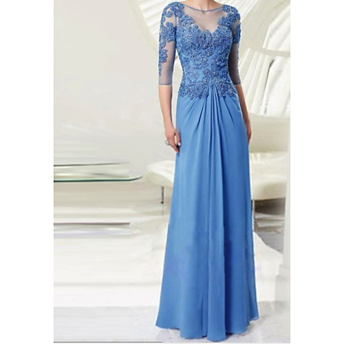 

A-Line Mother of the Bride Dress Elegant & Luxurious Bateau Neck Floor Length Chiffon Lace 3/4 Length Sleeve with Appliques 2021