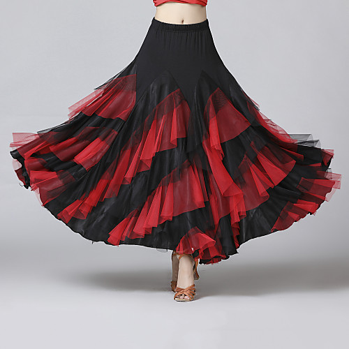 

Ballroom Dance Skirts Cascading Ruffles Split Joint Women's Training Performance Natural Mesh Chiffon Milk Fiber