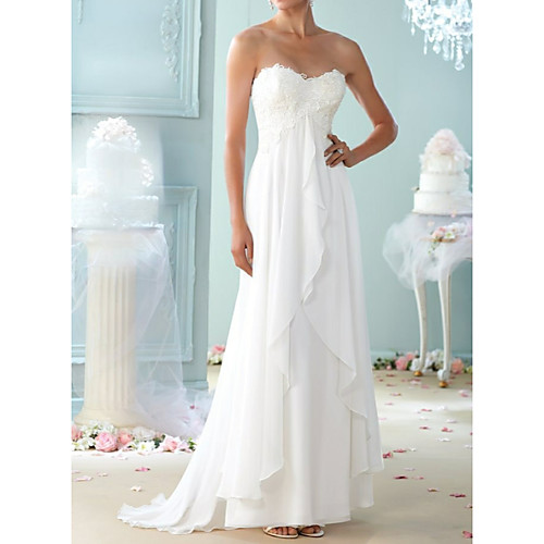 

A-Line Wedding Dresses Sweetheart Neckline Sweep / Brush Train Chiffon Lace Strapless Formal Plus Size with Ruffles Appliques 2021