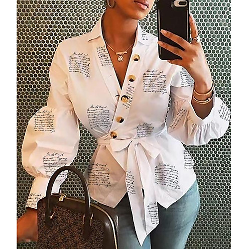 

Women's Blouse Shirt Floral Flower Long Sleeve V Neck Tops White