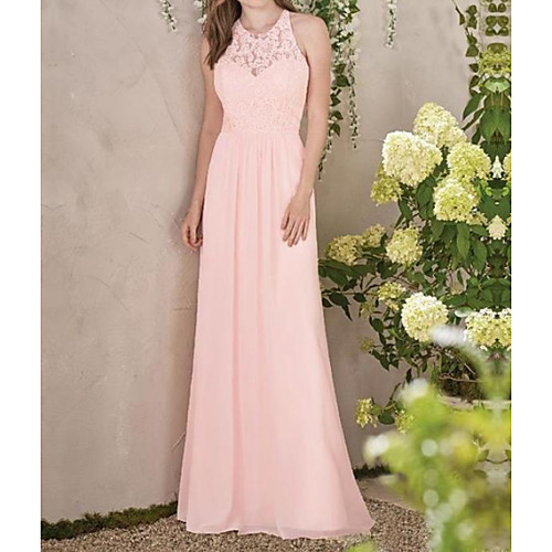 

A-Line Jewel Neck Floor Length Chiffon / Lace Bridesmaid Dress with Pleats / Appliques