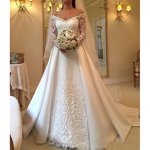

A-Line Wedding Dresses Off Shoulder Sweep / Brush Train Satin Long Sleeve Illusion Sleeve with Lace Insert 2021