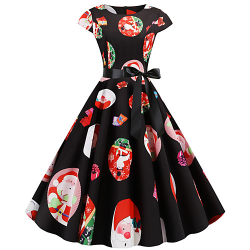 

Women's Swing Dress Black Short Sleeve Santa Claus Geometric Snowflake Print Round Neck Basic Vintage Christmas Party S M L XL XXL