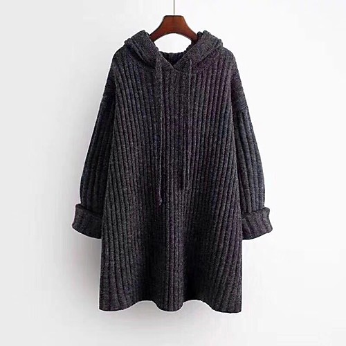 

Women's Basic Knitted Solid Color Plain Pullover Acrylic Fibers Long Sleeve Plus Size Sweater Cardigans Hooded Fall Dark Gray