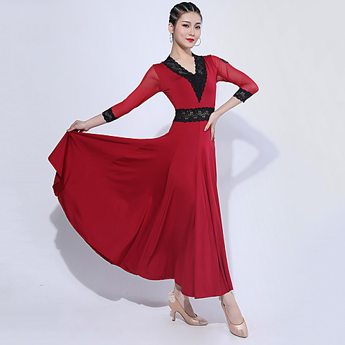 

Ballroom Dance Dress Lace Ruching Split Joint Women's Training 3/4 Length Sleeve Spandex