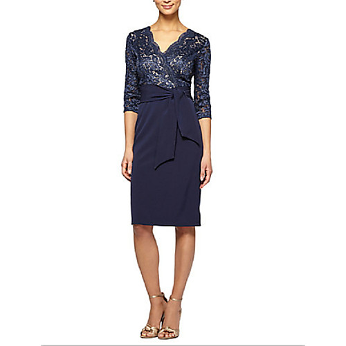 

Sheath / Column Elegant Holiday Cocktail Party Dress V Neck Half Sleeve Knee Length Chiffon Lace with Sash / Ribbon 2021