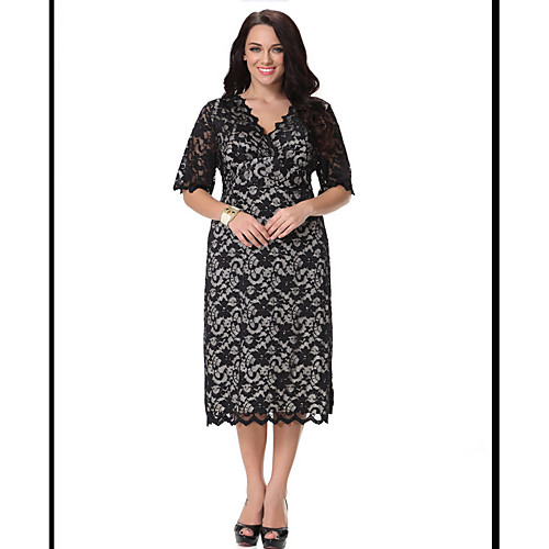 

Women's Bodycon Knee Length Dress Black Beige Half Sleeve Jacquard Solid Colored Cut Out Lace Fall Winter V Neck Sophisticated Going out Lace XL XXL 3XL 4XL 6XL / Plus Size / Plus Size