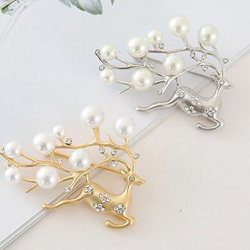 

Men's Women's Brooches Elk Sweet Fashion Imitation Pearl Brooch Jewelry Gold Silver For Christmas