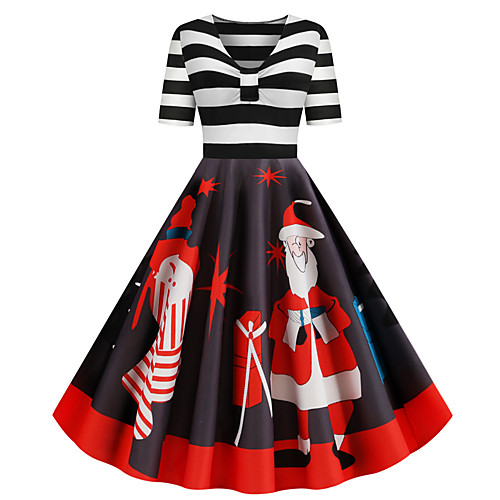 

Women's Swing Dress Black Short Sleeve Santa Claus Striped Snowflake Patchwork Print V Neck Basic Vintage Christmas Party S M L XL XXL