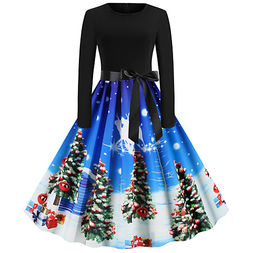 

Women's Swing Dress Blue Long Sleeve Santa Claus Geometric Patchwork Print Round Neck Basic Vintage Christmas Party S M L XL XXL