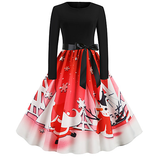 

Women's Swing Dress Red Long Sleeve Santa Claus Snowflake Patchwork Print Round Neck Basic Vintage Christmas Party S M L XL XXL