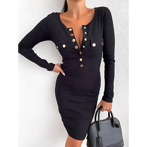 

Women's Bodycon Dress - Long Sleeve Solid Colored Patchwork U Neck Basic Boho Daily Wear Going out Black Blushing Pink Khaki S M L XL