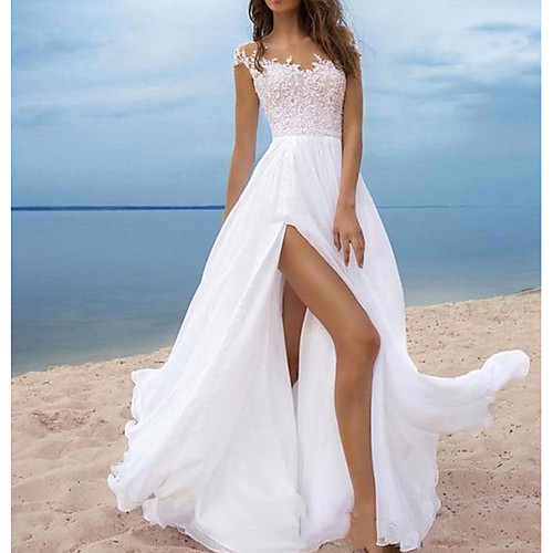 

A-Line Wedding Dresses Off Shoulder Sweep / Brush Train Chiffon Cap Sleeve with Lace Insert Split Front 2021