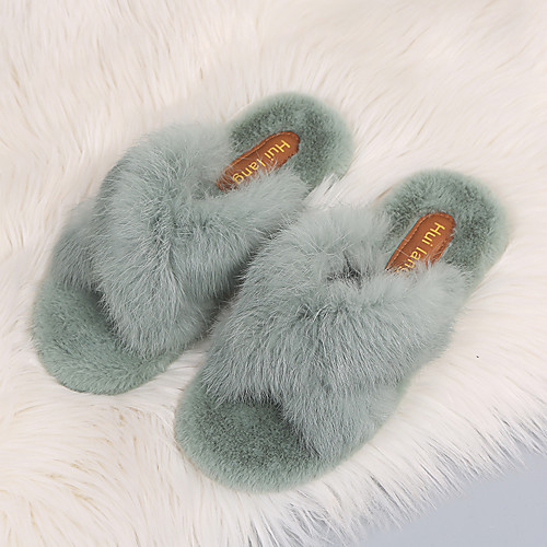 

Women's Slippers & Flip-Flops Comfort Shoes Fuzzy Slippers Flat Heel Open Toe Casual Sweet Daily Walking Shoes Fur Pom-pom Solid Colored Black Khaki Green