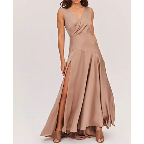 

A-Line V Neck Sweep / Brush Train Polyester Bridesmaid Dress with Pleats / Split Front / Open Back