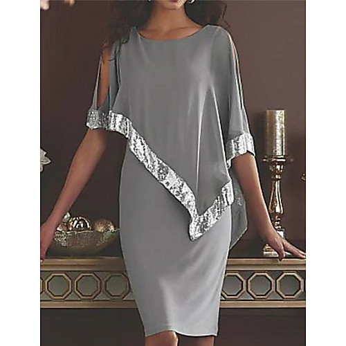 

Sheath / Column Elegant Holiday Cocktail Party Dress Jewel Neck Half Sleeve Knee Length Chiffon with Sequin 2021