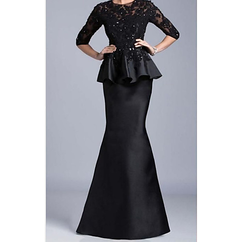 

A-Line Elegant Formal Evening Dress Jewel Neck Half Sleeve Floor Length Satin with Ruffles Draping 2021