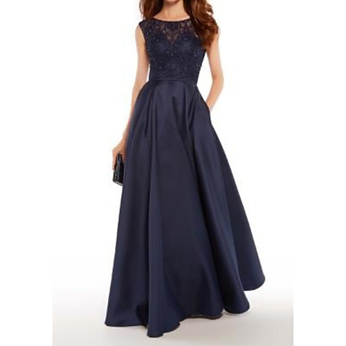 

A-Line Mother of the Bride Dress Plus Size Elegant Jewel Neck Floor Length Satin Sleeveless with Appliques 2021