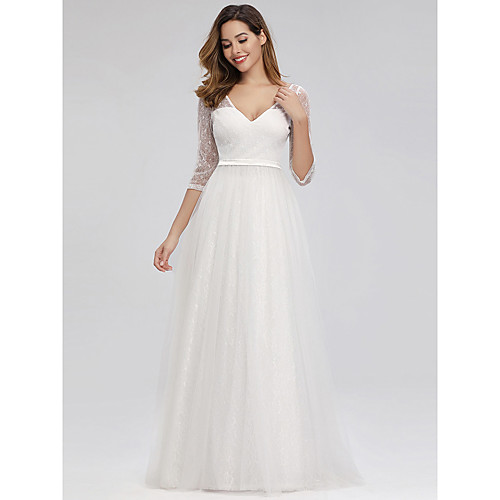 

A-Line Elegant Formal Evening Dress V Neck 3/4 Length Sleeve Floor Length Lace with 2021