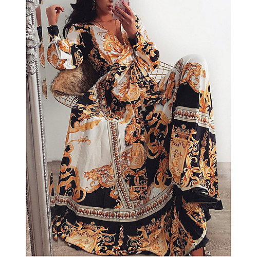 

Women's Swing Dress Maxi long Dress Brown Long Sleeve Print Geometric Print Fall Spring Deep V Classic & Timeless Hot Holiday Holiday Going out 2021 S M L XL XXL 3XL