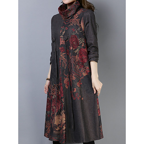 

Women's Shift Dress Midi Dress Light Brown Red 3/4 Length Sleeve Geometric Print Round Neck Loose M L XL XXL