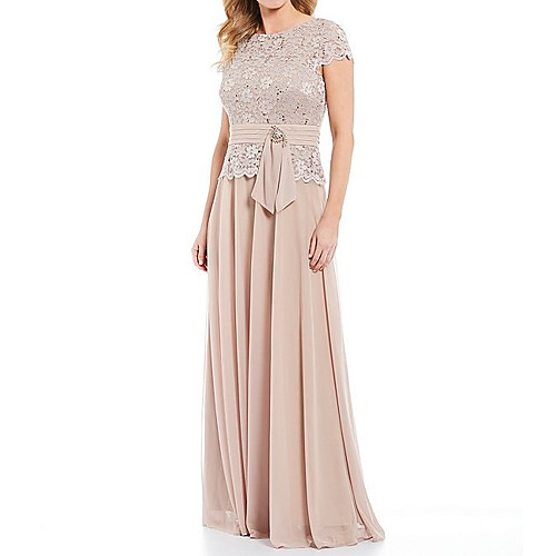 

A-Line Mother of the Bride Dress Plus Size Jewel Neck Floor Length Chiffon Lace Short Sleeve with Sash / Ribbon Crystals 2021