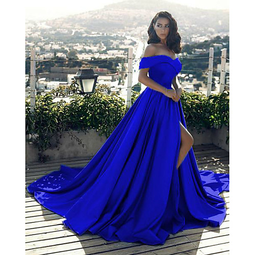 

A-Line Minimalist Sexy Prom Formal Evening Dress Off Shoulder Sleeveless Chapel Train Satin with Split Front 2021