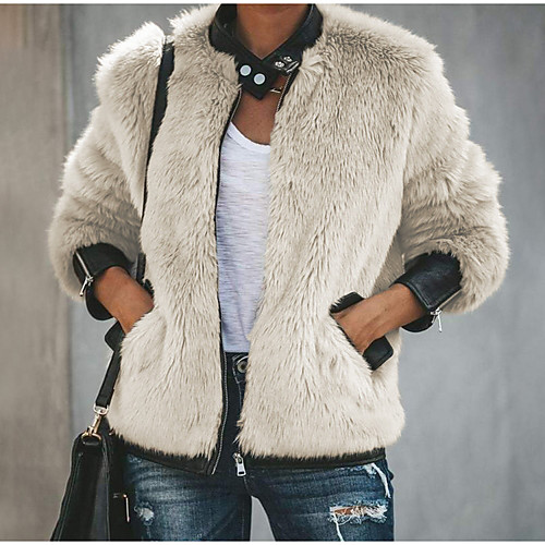 

Women's Daily Basic Regular Faux Fur Coat, Solid Colored Round Neck Long Sleeve Faux Fur Beige
