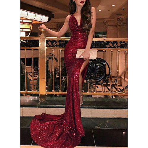 

Mermaid / Trumpet Open Back Formal Evening Dress Plunging Neck Sleeveless Sweep / Brush Train Sequined with Sequin Split Front 2021