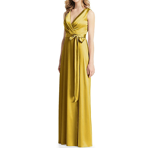 

A-Line Plunging Neck Floor Length Satin Bridesmaid Dress with Bow(s) / Pleats