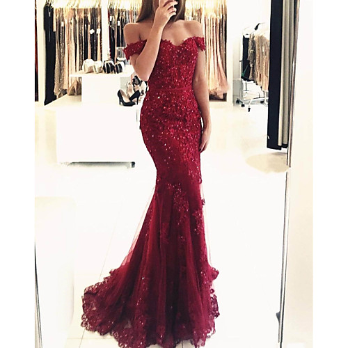 

Mermaid / Trumpet Sparkle Prom Formal Evening Dress Off Shoulder Short Sleeve Sweep / Brush Train Lace with Sequin Appliques 2021