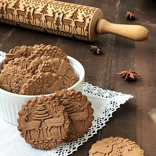 

35cm Wood Christmas Embossing Rolling Pin Baking Cookies Biscuit Fondant Cake Dough Engraved Roller Stick Baking Pastry Tool