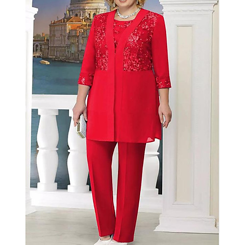 

Two Piece Pantsuit / Jumpsuit Mother of the Bride Dress Wrap Included Jewel Neck Floor Length Chiffon 3/4 Length Sleeve with Appliques Ruching 2021