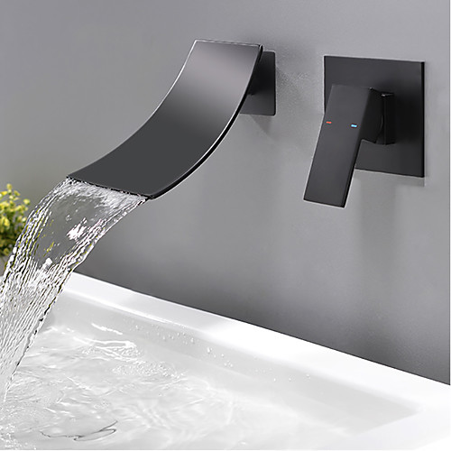 

Brass Bathroom Sink Faucet Black Art Design Wall Mounted Bath Taps Waterfall Single Handle Two Holes with Hot and Cold Water