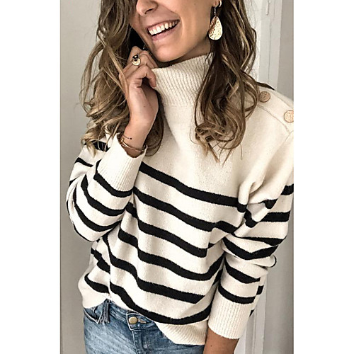 

Women's Striped Pullover Long Sleeve Sweater Cardigans Turtleneck White