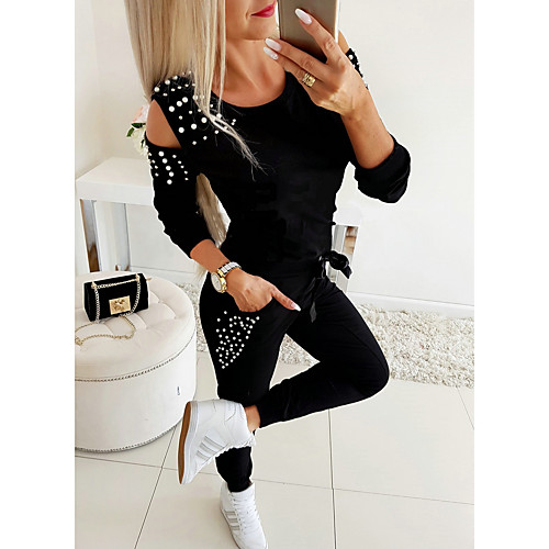 

Women's Basic Solid Colored Two Piece Set Tracksuit Set Pant Loungewear Jogger Pants Rivet Tops