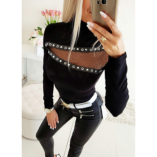 

Women's T shirt Solid Colored Long Sleeve Cut Out Standing Collar Basic Tops Black