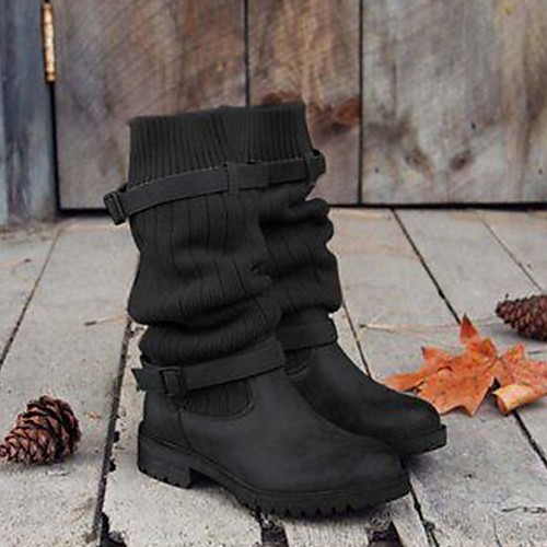 

Women's Boots Comfort Shoes Cowboy Western Boots Flat Heel Round Toe Daily PU Black Khaki Gray / Mid-Calf Boots