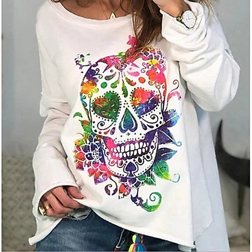 

Women's T shirt Rainbow Graphic Prints Skull Long Sleeve Print Round Neck Basic Tops White Blue Red