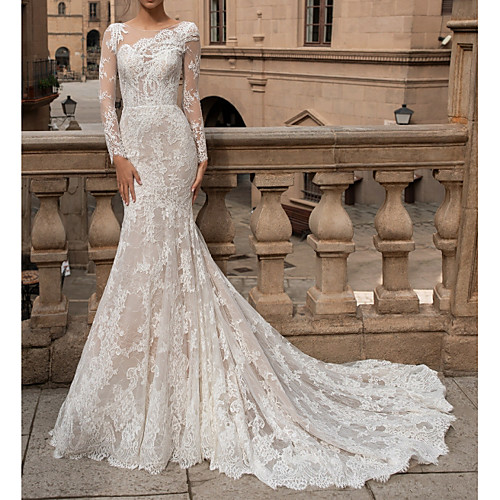 

Mermaid / Trumpet Wedding Dresses Bateau Neck Sweep / Brush Train Lace Long Sleeve Romantic Boho Sexy Backless Illusion Sleeve with Buttons 2021