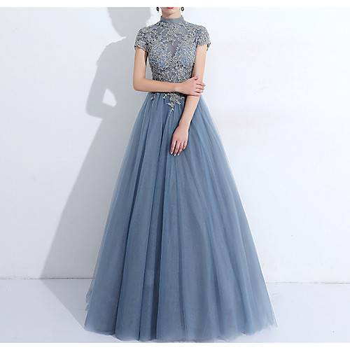 

A-Line Elegant Vintage Quinceanera Prom Dress High Neck Short Sleeve Floor Length Tulle with Pleats Appliques 2021