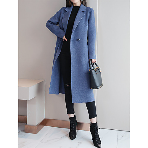 

Women's Overcoat Daily Fall Winter Long Coat Shirt Collar Regular Fit Elegant & Luxurious Jacket Long Sleeve Solid Colored Button Blue Camel