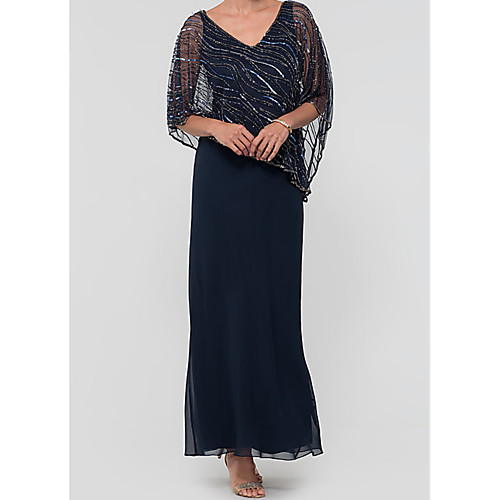 

A-Line Mother of the Bride Dress Elegant & Luxurious V Neck Ankle Length Chiffon Sequined 3/4 Length Sleeve with Lace Appliques 2021